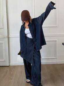 Livesso Bộ 2 món áo sơ mi và quần denim cho nữ, trang phục mùa hè tối giản và thời trang - Rửa tối - Xem 3