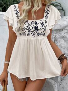 SHEIN LUNE Koszula damska letnia z kwadratowym dekoltem i haftem, z krótkim rękawem i baskinką