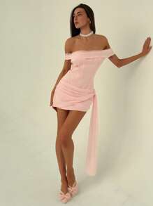Aloruh Romantic Shallow Pink Strapless Bodycon Mini Dress With Ribbon, Suitable For Dates, Weddings