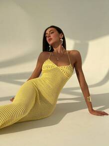 Aloruh Vestido sexy amarillo apretado sin espalda hecho a mano a ganchillo para mujeres, apto para vacaciones de primavera/verano - Amarillo - Ver 1