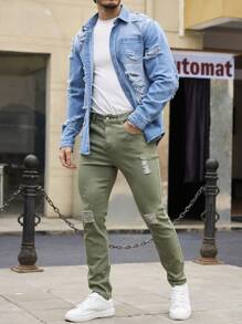 Manfinity Homme Chaqueta vaquera azul de ajuste slim casual para hombre, para verano - Lavado ligero - Ver 4