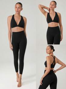 GLOWMODE Áo ngực hở lưng cổ chữ V sâu FeatherFit™, dây đeo rộng, tác động thấp, tập yoga, pilates, mặc thường ngày, có thể tháo rời cúp ngực - màu đen - Xem 8