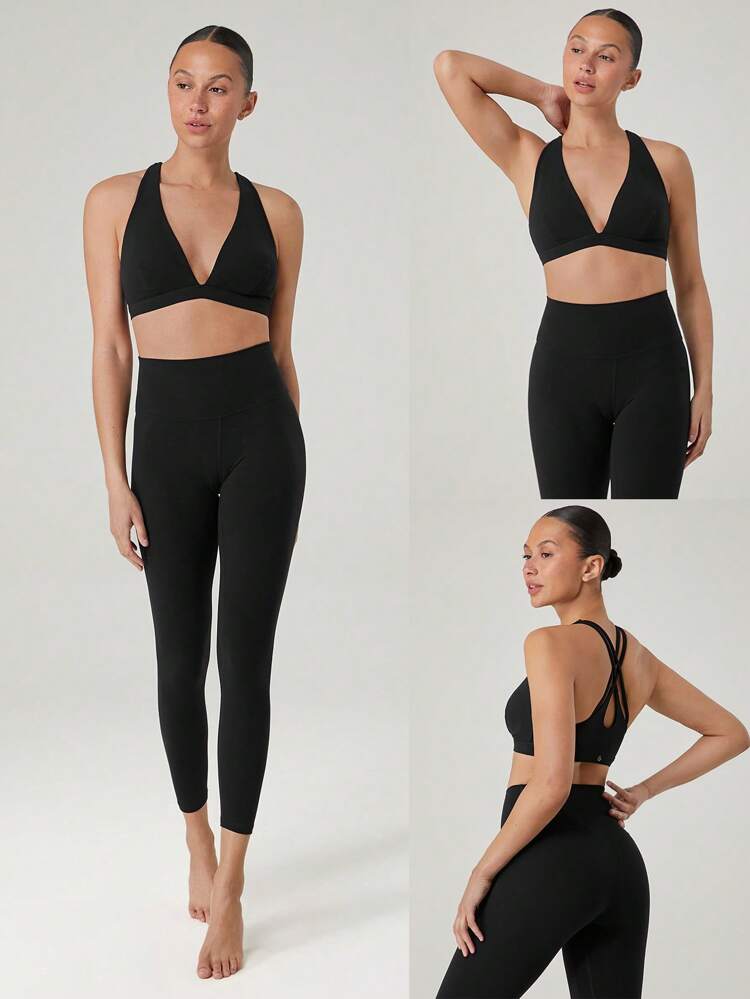 FeatherFit™ Deep V-Neck Wide Strap Cutout Back Bra Low Impact Yoga Pilates Studio Daily Casual Wear Removable Cups