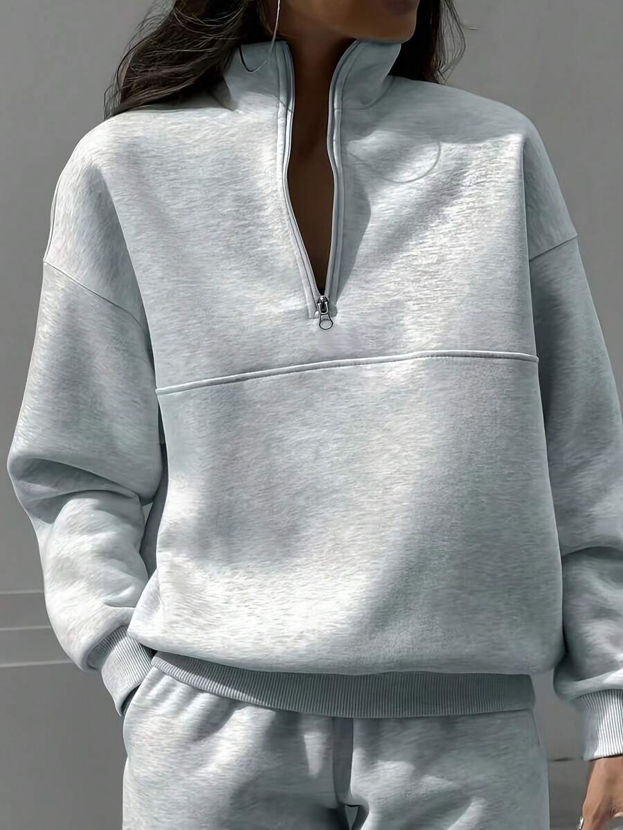 INAWLY Plus Size Women's Solid Color Drop Shoulder Long Sleeve Half-Zip Loose Sweatshirt Pullover Fall - Grey - View 1