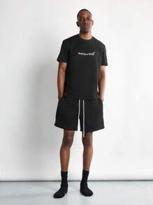SUMWON Lifestyle Statement Sleep Lounge Set Short Sleeve T-Shirt Shorts Drawstring Waist Sleepwear Pajama Set Cozy Home Comfort Indoor Wear - Black - View 1