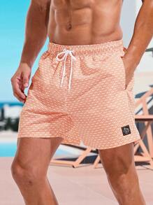 Manfinity Swimmode Men's Geometric Print Drawstring Waist Beach Shorts,Hawaiian - Coral Orange - View 1