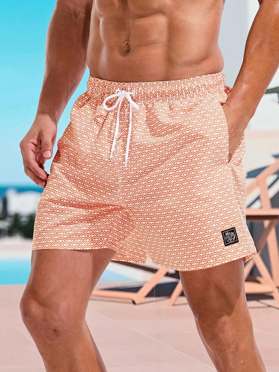 Manfinity Swimmode Men's Geometric Print Drawstring Waist Beach Shorts,Hawaiian - Coral Orange - View 1
