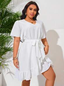 SHEIN Swim Curve Plus Size Women Short Sleeve Solid Color Tie-Waist Coverup For Summer Beach Vacation - White - View 5