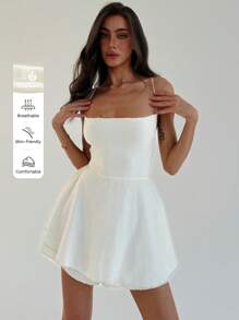 Aloruh 無袖搖擺裙連身褲，V領和開放性後背設計，展現纖細身材 - 米色 - 查看 10