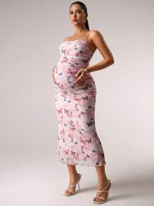 MaterniChic Pink Butterfly Print Romantic Cute Women's Sun Dress, Suitable For Brunch, Fall Wedding Guest, Homecoming, Date Night, Prom, Maternity