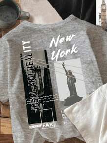 SHEIN Leap Crew 青少年男孩休闲简约城市风景和文字印花圆领短袖 T 恤，适合夏季
