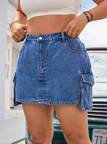 SHEIN EZwear Denim-minikjol i plusstorlek, avslappnad och moderiktig, lämplig för sommaren - Mörktvätt - Visa 4