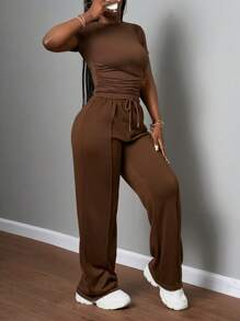 Slaydiva Hàng mới về Thu Đông/Quần áo Thu cho Nữ/Halloween/Quần áo Thu/Đông cho Nữ Bộ hai mảnh áo thun ngắn tay cổ tròn màu trơn dáng ôm và quần ống đứng cạp chun, thích hợp cho mùa xuân hè, màu nâu, phù hợp cho các lễ hội âm nhạc, lễ Phục Sinh, lễ Thánh Patrick. - Cà phê nâu - Xem 6