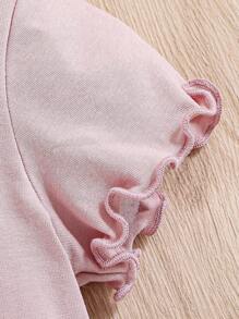 SHEIN Leap Crew Girls' Solid Knit Round Neck Flower & Letter Pattern Fitted Casual Cropped T-Shirt - Green - View 5