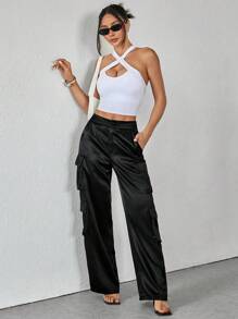 SHEIN PETITE Streetwear Spring Festival Clothing Satin Work Pants Women Trousers With 3D Pockets