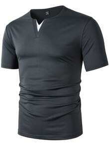 Manfinity Homme Men's Solid Color Patchwork V-Neck Short Sleeve Simple T-Shirt, Casual Daily Wear - Dark Grey - View 5