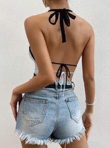 Chiquease Women's Contrast Color Hollow Out Bowknot Back Cutout Knit Sweater