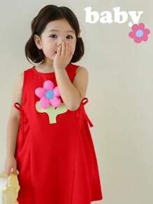 SHEIN Baby Girl Cute Pink Floral Sundress, Summer - Red - View 1