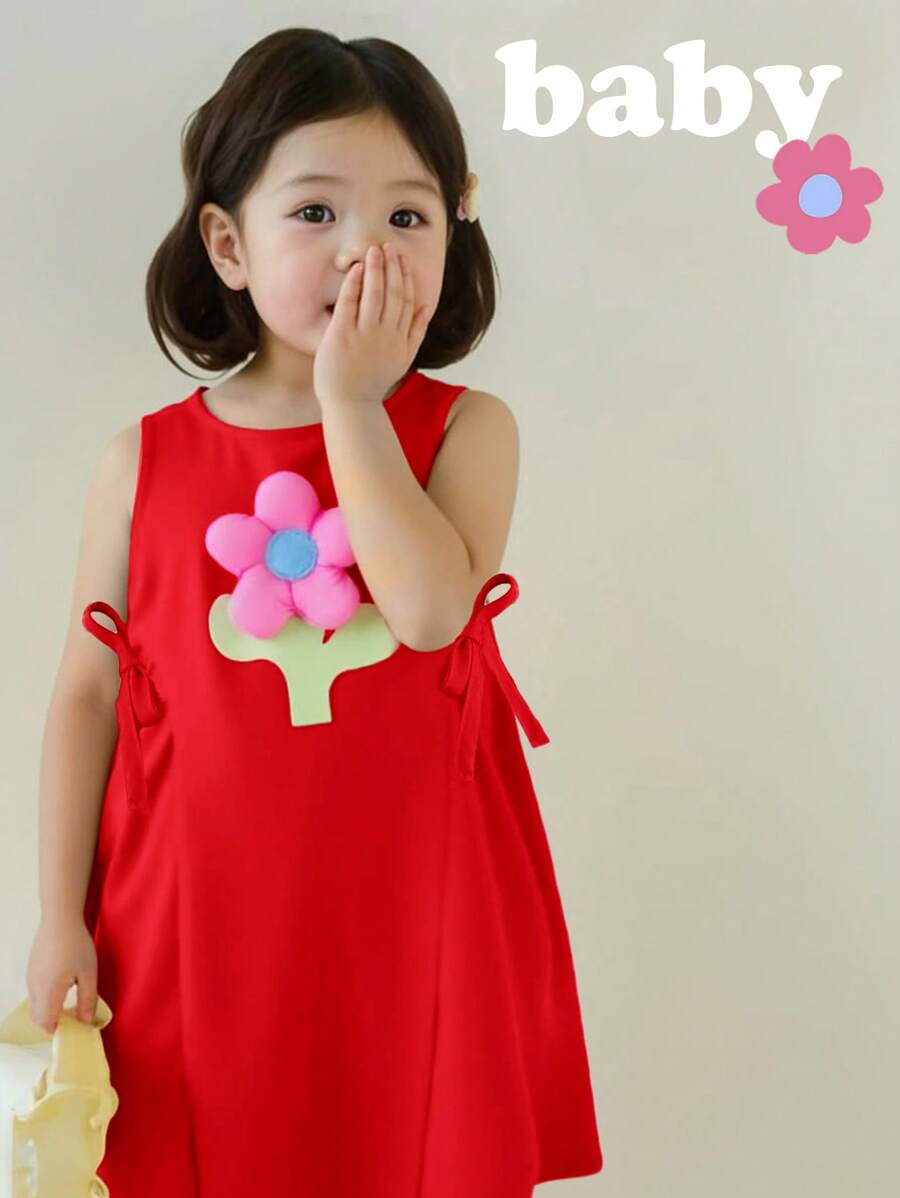 SHEIN Baby Girl Cute Pink Floral Sundress, Summer - Red - View 1