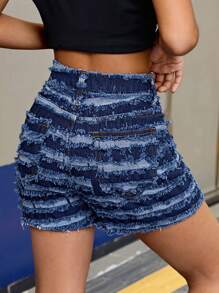 SHEIN SLAYR KIDS Tween Girl Summer Fashionable Distressed Denim Frayed Hem Shorts, Summer Concert Rave Streetwear - Dark Wash - View 2