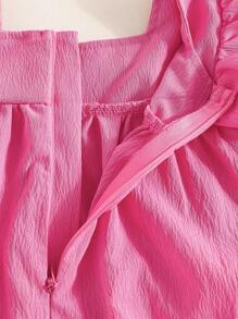1 Stück Baby Mädchen Kleid mit Puffärmeln, quadratischem Ausschnitt, bestickter Taille, modisch, lässig, Alltagskleidung, weich und bequem, süßes Blumenmuster, neuer Sommerstil - Heißes Pink - Übersicht 6