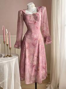 DAZY Vestido de línea A con estampado de plantas que da forma a la cintura, estilo primaveral, elegante con estampado floral y volantes, ideal para una primera cita - Rosa - Ver 4