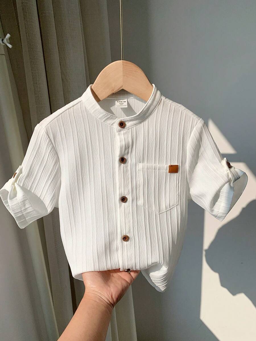 SHEIN LMoss Kids LMoss Young Boy Casual Basic Collared Shirt With Pockets, Comfortable And Breathable - White - View 1