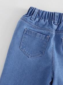 Denimly 年轻女孩休闲日常都市街头风格蓝色蝴蝶印花连帽衫和蝴蝶印花直腿牛仔裤水洗浅蓝色松紧腰围 2 件套 - 白色 - 查看 5