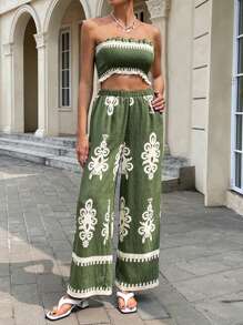 Siren Gaze Summer Vacation Outfits For Women 2025: Bohemian Geometric Print 2 Pieces Set With Strapless Bandeau Top & Wide-Leg Pants, Casual Beachwear, Festival Fashion Flower
