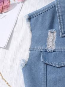 2pcs/Set Teenage Girls: Black Knitted Camisole Dress + Distressed Denim Vest, Commute Daily Wear Summer Holiday