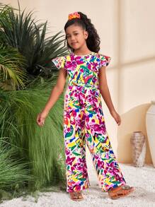 SHEIN Tween Girls Casual Vacation Hollow Back Contrast Color Big Bow Cap Sleeve Ditsy Floral Cinched Waist Romper