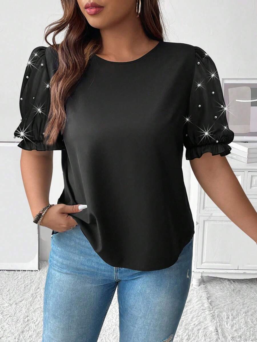 Celure 大码女式优雅浪漫日常聚会休闲圆领泡泡袖珍珠缀饰衬衫