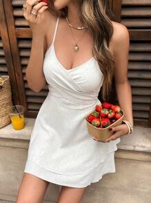 SHEIN Frenchy 女士短款休闲连衣裙，简约时尚，适合夏季 - 杏色 - 查看 5