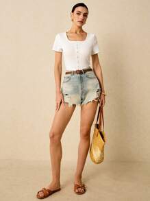 Poéselle 前紐扣條紋針織T恤 - 白色 - 查看 4