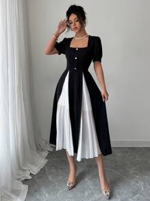 Elenzga Elegant Commuting Colorblock Pleated Patchwork Dress