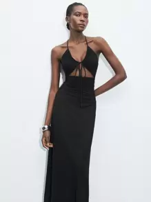 Maija Black Hollow-Out Sleeveless Maxi Dress For Women, Sexy Solid Color Backless Halter Dress, Suitable For St. Patrick's Day, Spring Break, Easter