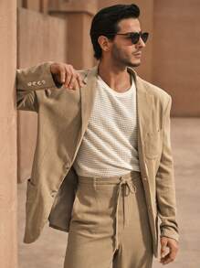 Manfinity VCAY 2 件套男士梭织修身休闲西装套装，适合日常办公室穿着 - 卡其色 - 查看 6