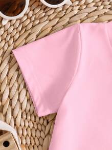 SHEIN Young Girl Casual Minimalist Pattern Short Sleeve Round Neck T-Shirt, Suitable For Summer - Pink - View 4