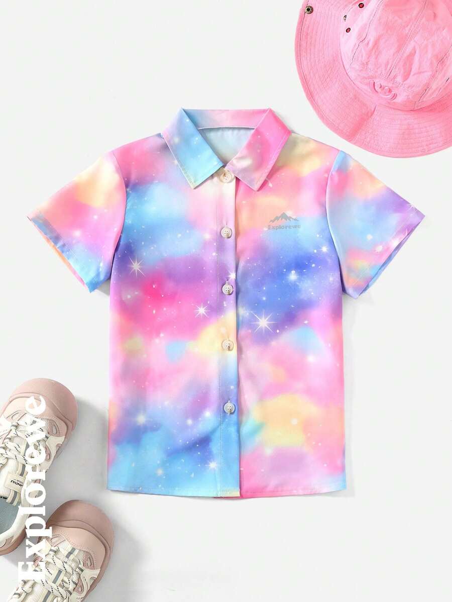 Tween Girl Neon Cloud & Star Digital Print Blouse - Multicolor - View 1