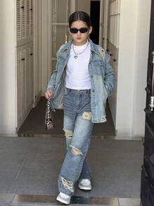 SHEIN Fashion Heavy Wash Light Blue Distressed Holey Street Style Tween Girl Denim Jacket Outerwear