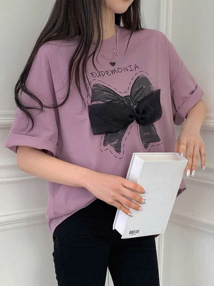 Women Round Neck Short Sleeve T-Shirt With Bow Decoration Cute Tops,Graphic Tees