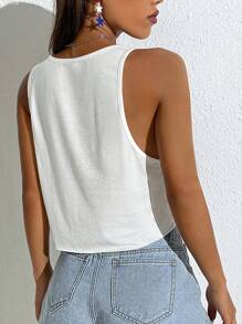 SHEIN EZwear Women Casual Street Retro Style Digit 1997 Print Loose U-Neck Crop Tank Top Back To School - White - View 2