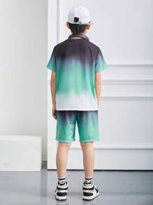 SHEIN Leap Crew Tween Boy Casual Comfortable Gradient Round Neck Short Sleeve Matching Gradient Shorts 2pcs/Set - Green - View 2