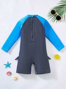 SHEIN 1 pezzo Costume da bagno a una pezza con motivo a squali per ragazzo giovane, design a maglia carino e alla moda con pinna dello squalo 3D, per spiaggia, costume da bagno, surf, primavera/estate