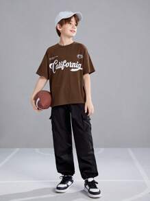SHEIN Tween Boy Loose Fit Casual Sport Round Neck Pattern Short Sleeve T-Shirt - Brown - View 3