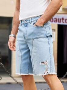 Manfinity Homme Men's Loose Straight Blue Denim Shorts - Light Wash - View 4