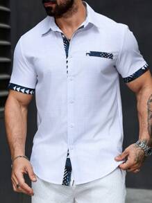 Manfinity Homme Men's Solid Color Patchwork Button Front Short Sleeve Casual Pocket Top