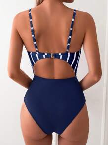 SHEIN Swim 女士条纹纯色蝴蝶结吊带连体泳衣，适合夏季海滩度假 - 藏蓝色 - 查看 2