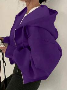 INAWLY Áo nỉ dáng rộng, màu trơn, có dây rút, thích hợp cho lễ tốt nghiệp, giáo viên, hoặc đi học vào mùa thu đông. - Màu tím - Xem 1