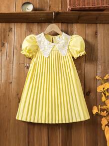 Young Girl Contrast Lace Puff Sleeve Pleated Hem A-Line Dress - Yellow - View 1